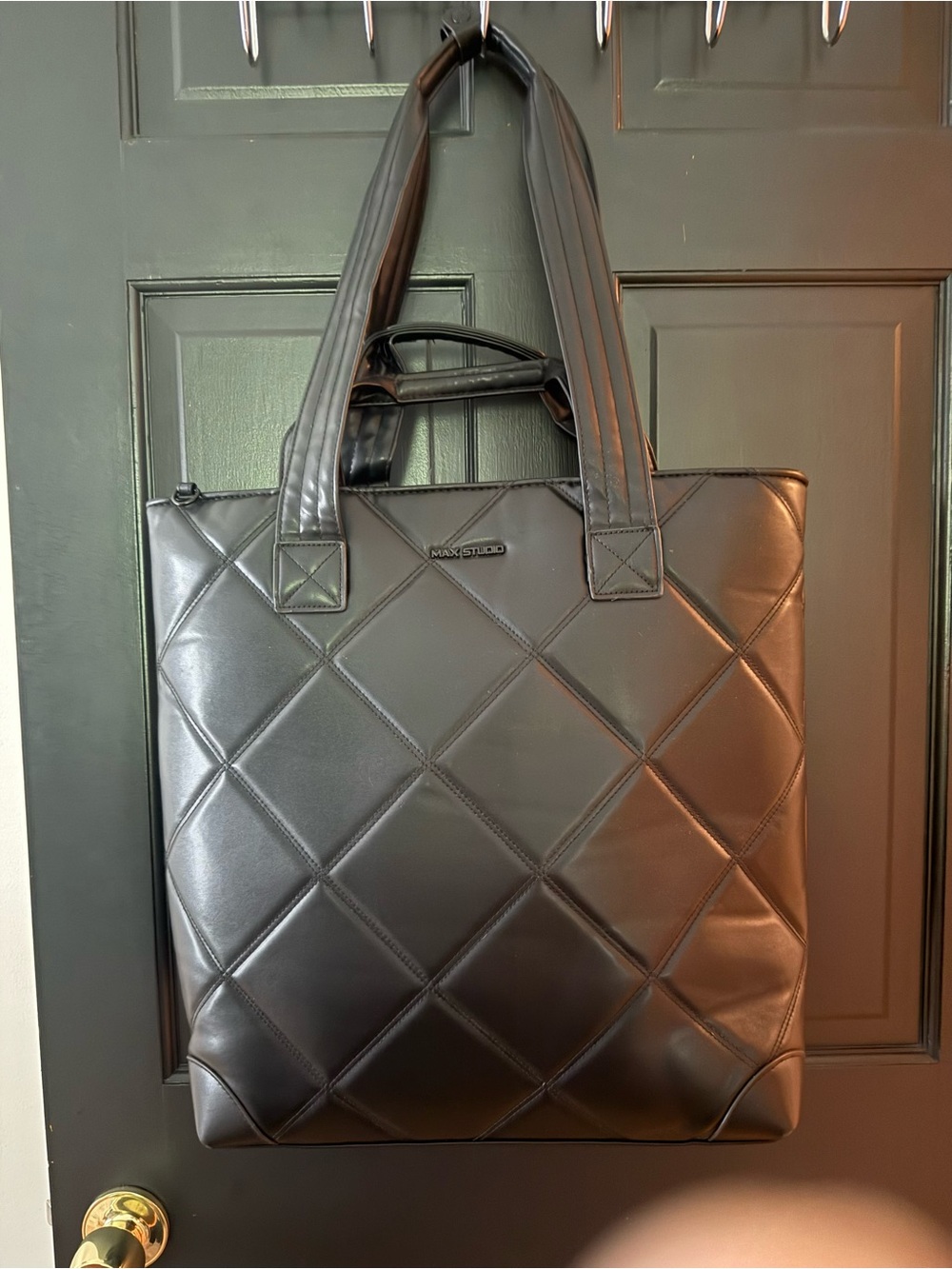 Quilted Black Tote Bag with Front Zip Pocket - Picture 3 of 5
